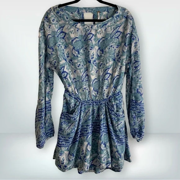 Free People Silver Sun Printed Dress Blue Bohemian Back Cutout, size S - Picture 2 of 16